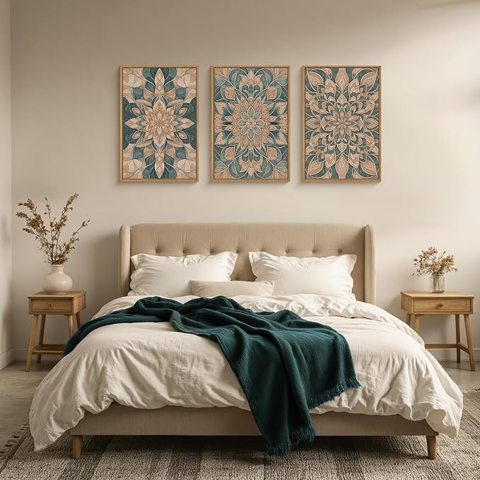 HLNIUC Mandala Boho Framed Canvas Wall Art, Vintage Green Abstract Flower Decor, Scandinavian Botanical Artwork Set of 3(24x36), Southwestern Mexican Bohemian Prints for Living Room, Bedroom, Office