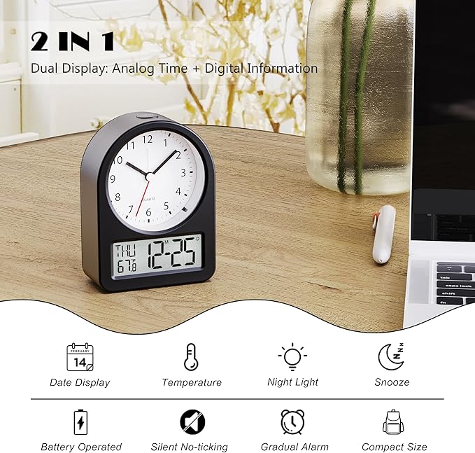 AYRELY® 4" Analog Digital Alarm Clock, Battery Operated Desk Clock, Table Clock with Snooze Calendar Temperature for Living Rooms Bedrooms Shelf Home Decor