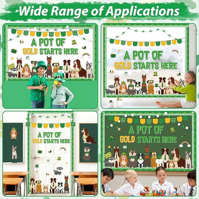 St.Patrick's Day Pet Dog Bulletin Board Set Puppy Classroom Decoration Lucky Shamrock Clover Gold Coin Cute Dog Bulletin Board St. Patricks Cutouts for Irish Home Classroom Chalkboard Wall Decor