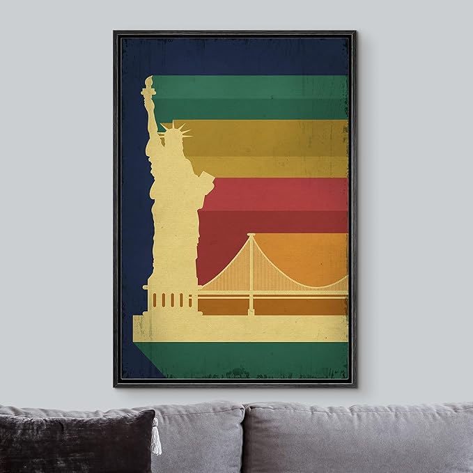 IDEA4WALL Framed Canvas Print Wall Art Retro Vintage Rainbow Statue of Liberty Poster Cultural Building Illustrations Modern Art Contemporary Scenic for Living Room, Bedroom, Office - 24"x36" BLACK