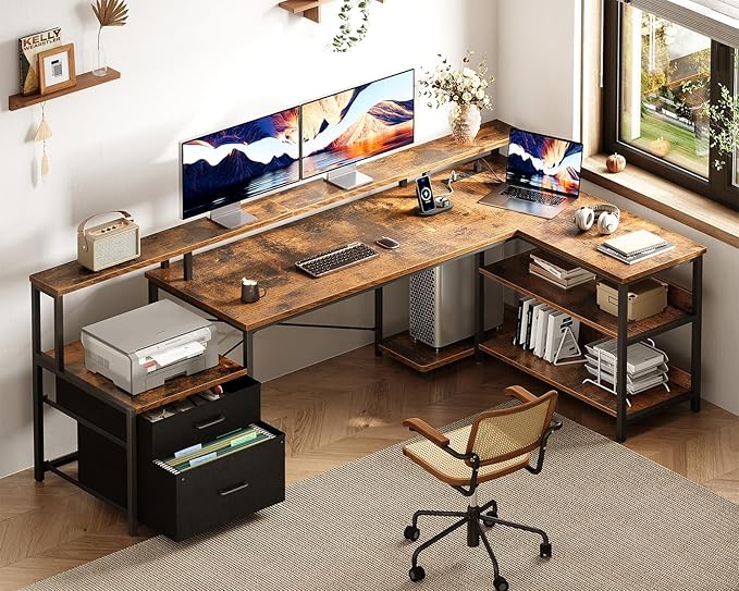 ODK 75" L Shaped Desk with File Drawers, Work from Home Office Desk with Power Outlet, Reversible Computer Desk with Storage Shelves, Gaming Desk with Monitor Shelf, Corner WFM Table, Vintage