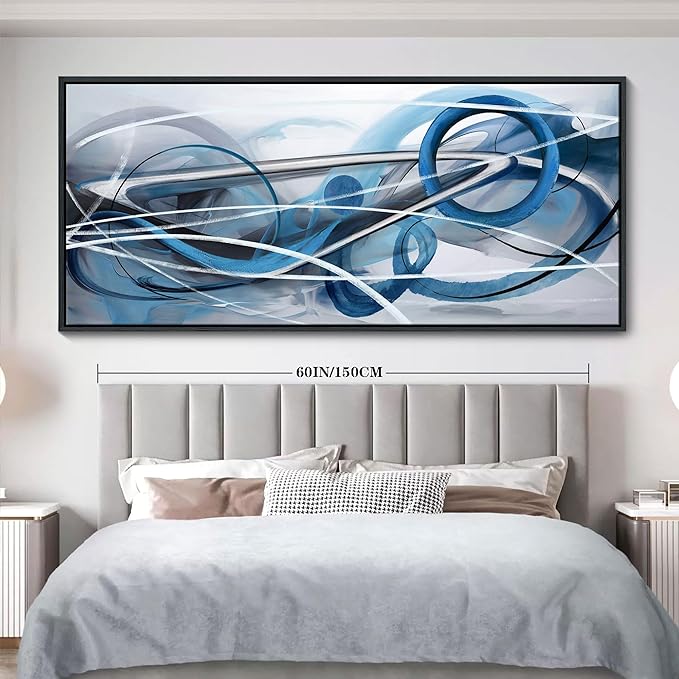 YDYSUNE Extra Large Blue and Gray Painting Wall Art White and Silver Picture for Living Room Modern Living Room Home Bedroom Decoration Blue Framed Artwork Decor 70x31IN