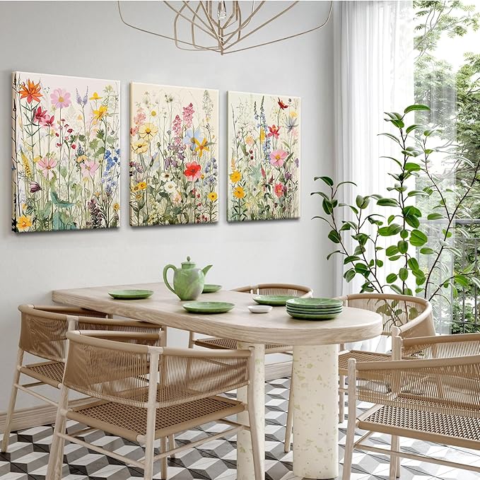 KISSFOX 3 Piece Canvas Wall Art Wildflowers Wall Decor Floral Pictures Botanical Paintings Watercolor Prints Colorful Artwork For Bedroom Bathroom Living Room