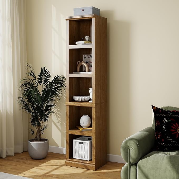 70" Tall Bookcase, Oak Narrow Floor Standing Bookshelf, 5 Tier Shelves Open Storage Organizer, Book Case for Living Room Hallway Kitchen Home Office Bathroom, Vintage Oak- 5 Tier