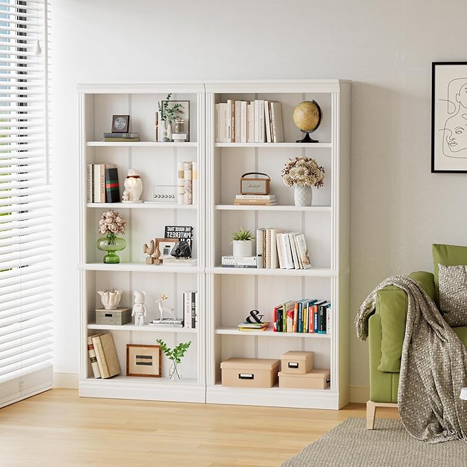 Shahoo 72" Bookcase and Bookshelf, 5-Tier Wood Bookcases with Shelves, Tall Floor Standing Book Shelf Storage Cabinet Home Decor Furniture for Living Room, Home Office 2 Pcs, White
