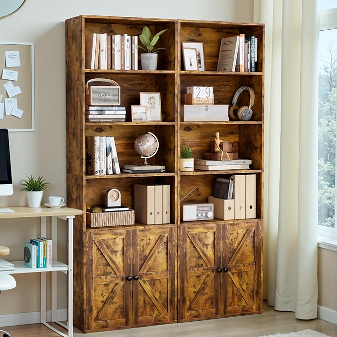 YESHOMY 6 Tier Bookcase and Bookshelf, Tall Book Shelf with Doors & Adjustable Shelves, Floor Display Storage Cabinet Home Decor for Living Room, Office, Brown