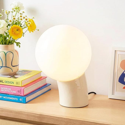 Brightech Vino LED Table Lamp - Small 8" Modern Dimmable Metal Lamp with USB-C Charging, Frosted Glass Globe Shade - Warm White Accent Light for Bedroom, Living Room, Bedside, Nightstand - Cream