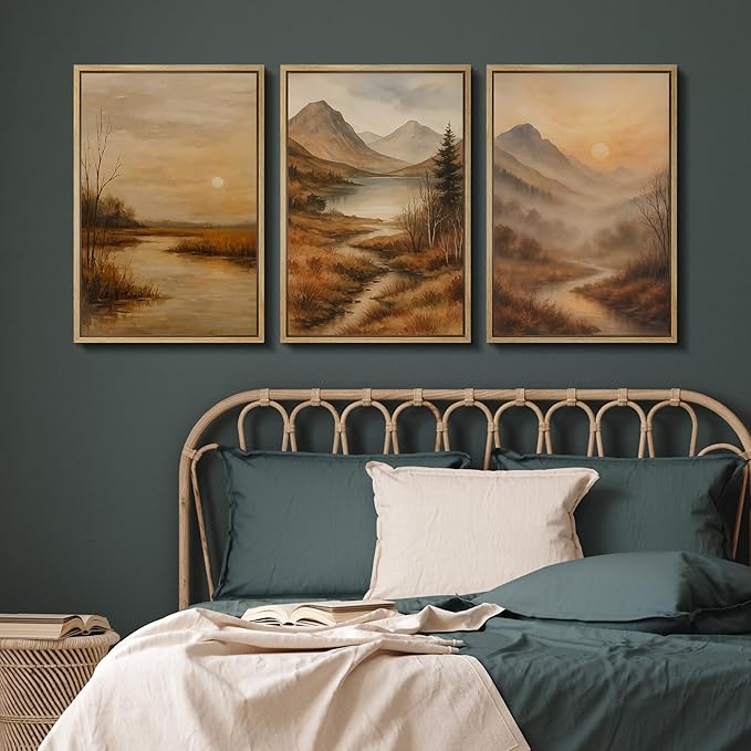 SIGNFORD Framed Wall Art Print Set Golden Hour Mountain River Serene Nature Landscape Digital Art Modern Art Contemporary for Living Room, Bedroom, Office - 16"x24"x3 Natural