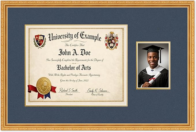 CountryArtHouse Fits 15 x 12 Military/Government and 5 x 7 Photo Diploma and Photo Frame Museum Gold Genuine Hardwood with Navy Blue Over Metallic Gold Double mat