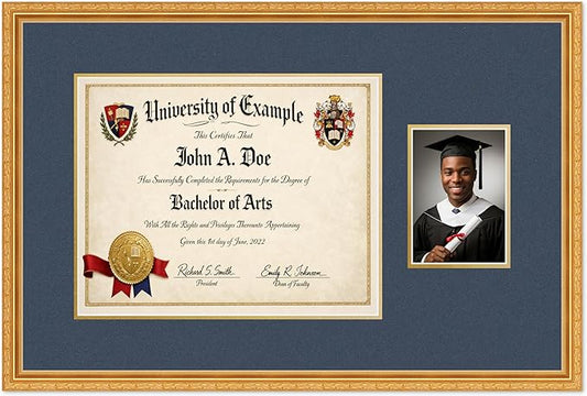 CountryArtHouse Fits 15 x 12 Military/Government and 5 x 7 Photo Diploma and Photo Frame Museum Gold Genuine Hardwood with Navy Blue Over Metallic Gold Double mat