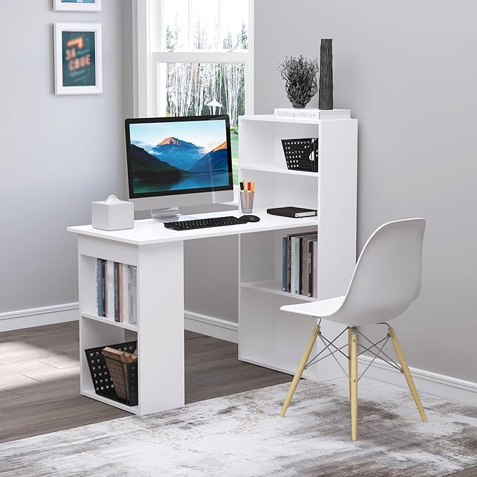 HOMCOM Modern Home Office Desk with 6-Tier Storage Shelves, 47" Writing Desk with Bookshelf, White