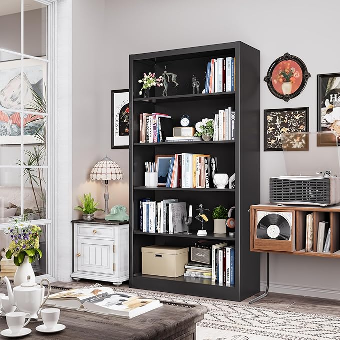 Book Shelf, 14" Deep Bookshelves Cases for Books, Garage Kit, CDs, 66" Tall Bookcase for Home Office Library Living Room, 5 Tier Bookshelf with Adjustable Shelves, Black Bookshelf