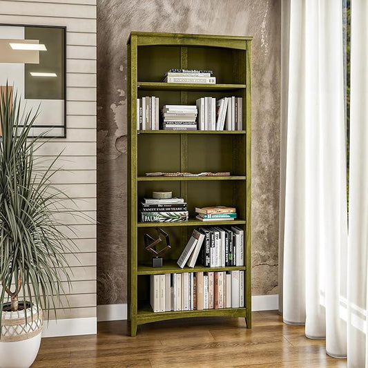Camaflexi Shaker Style 6 Shelf Bookcase/Solid Wood / 72" High/Adjustable Shelving/Closed Back/Display Bookshelf for Living Room, Bedroom, Home and Office, Olive Grove Green