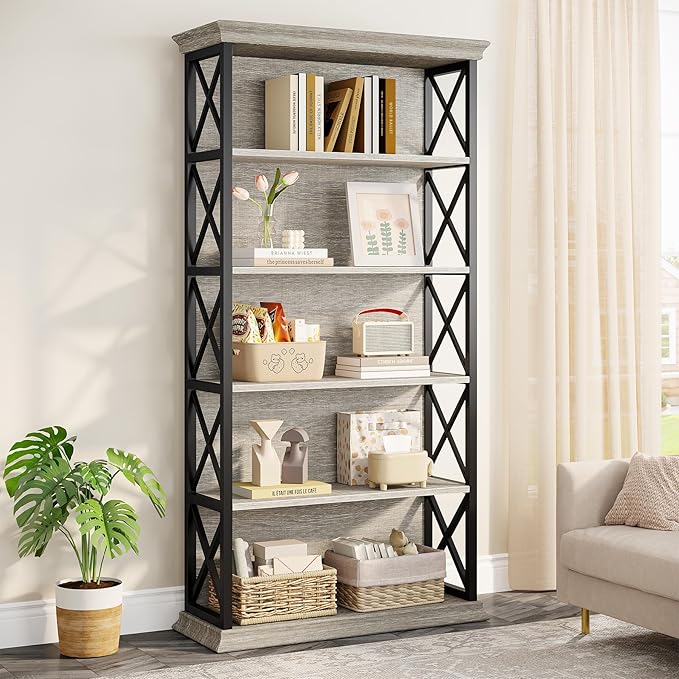 Tribesigns 6-Tier Bookcase Set of 2, 71 Inches Industrial Bookshelves and Bookcases, Floor Standing 5 Shelf Display Storage Shelves Tall Bookcase for Home Office, Living Room, Bed Room, Grey
