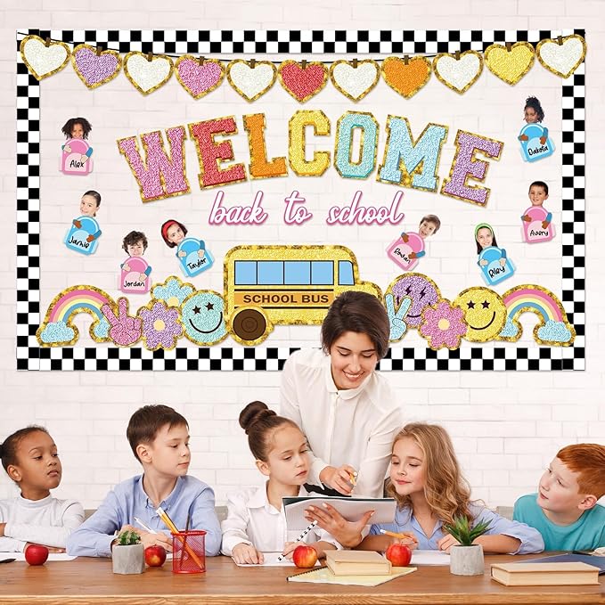 Welcome Back to School Bulletin Board Boho Groovy Preppy Patch Classroom Bulletin Board Decorations Schoolbag Paper Cutouts for Office Chalkboard Decor First Day of School Wall Door Supplies