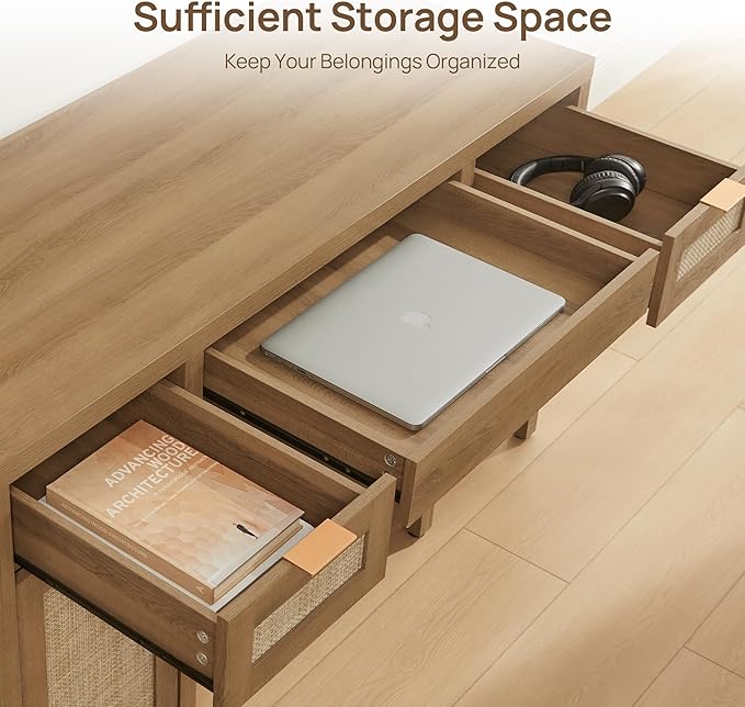 SICOTAS Home Office Desk with Storage - Rattan Executive Desk with Drawers and Cabinets, Farmhouse Boho Larger Computer Writing Table for Study, Office, Living Room, Oak (2 Pieces)