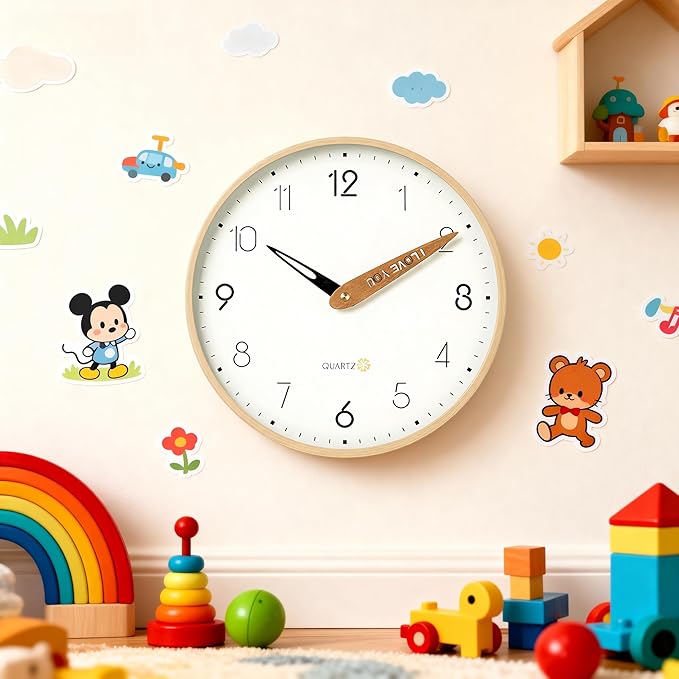 Topkey 12 Inch Silent Wall Clock for Kids - Wooden Look Non Ticking Clock, Playroom & Classroom Decor, Easy Install（Battery Operated - Light Wooden Brown