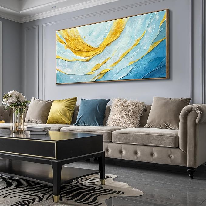 Nicetop Extra Large Framed Abstract Canvas Wall Art – Blue Gold Modern Oversized Picture Flowing Lines Art Print – Horizontal Wall Decor with Wood Frame for Living Room Bedroom Home Office 58x29Inch