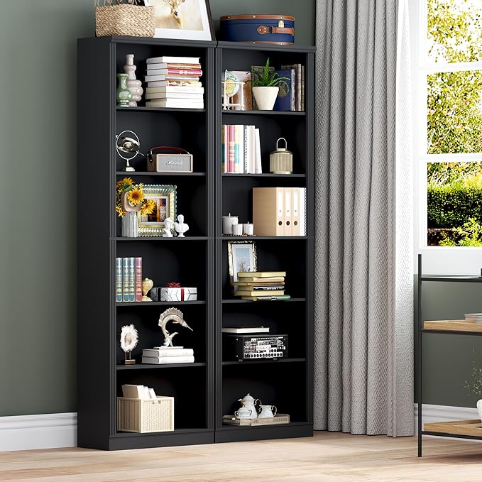 75" Tall Bookshelf, 6-Tier Floor Standing Bookcase with 2 Adjustable Shelves, 24" Wide Open Storage Shelf, Modern Display Organizer for Home Office, Living Room, Bedroom, Study