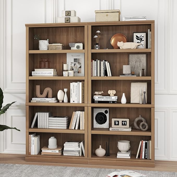 blini Bookshelf and Bookcase Set of 2, Wooden Oak Double Wide Large Bookshelves 5 Tier Tall Bookshelf with Storage Cabinets for Living Room, Home Office, Library (Oak, 5-Shelf)