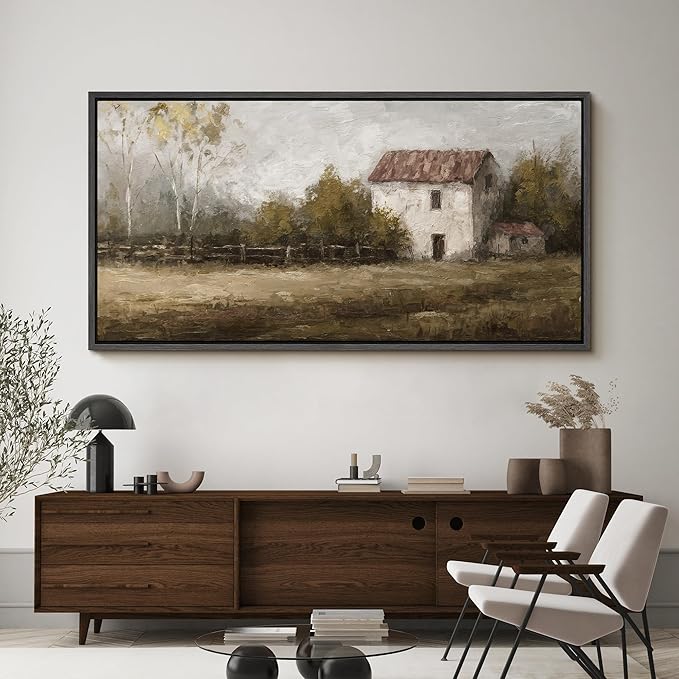 SIGNFORD Extra Large Framed Canvas Rustic Countryside House Landscape Illustrations Modern Art Calm Warm for Living Room, Bedroom, Office - 60"x30"