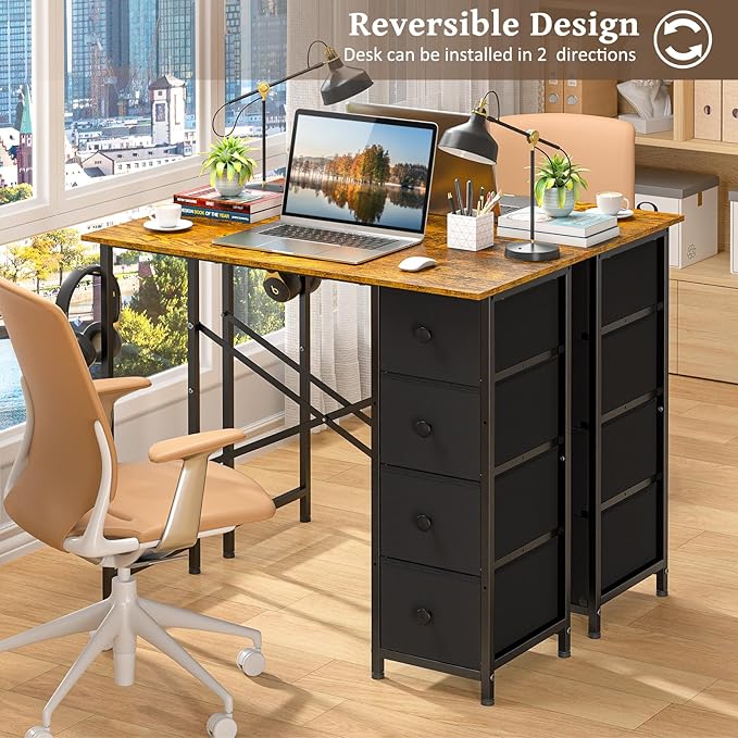 Small Computer Desk with 4 Fabric Drawers, 36 Inch Reversible Writing Desk for Home Office Bedroom, Modern Simple Kids Student Study Desk with Storage, Compact Desk for Small Spaces, Rustic Brown