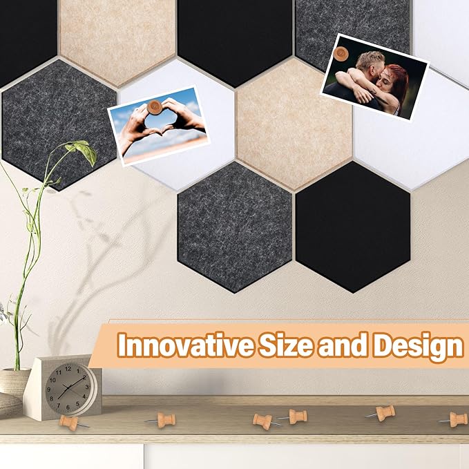 16 Pcs Hexagon Cork Board for Walls with 50 Wooden Push Pins 6.7 x 5.9 in Felt DIY Tiles Notice with Nano Tape Hanging Bulletin Board for Home Photo Office Memo Note(Classic Colors)
