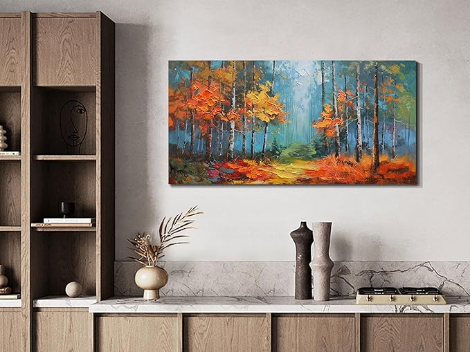 Arjun Nature Wall Art for Living Room, Landcape Canvas Forest Painting for Bedroom, Framed Textured Reddish Artwork Large Picture Dining Room Kitchen Home Office Wall Decor 40"x20"