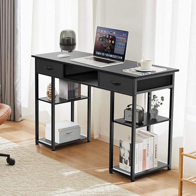 DUMOS 48" Small Computer Home Office Desk for Bedroom with Drawers, Gaming Writing Study Table with Storage Shelf, Adjustable Feet, Metal Frame Black