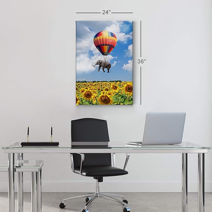 Smile Art Design Elephant with Balloon and Sunflower Field Motivational Wall Art Canvas Print Inspirational Wall Art Entrepreneur Quote Office Living Room Decor Artwork Gift Ready to Hang 40x30