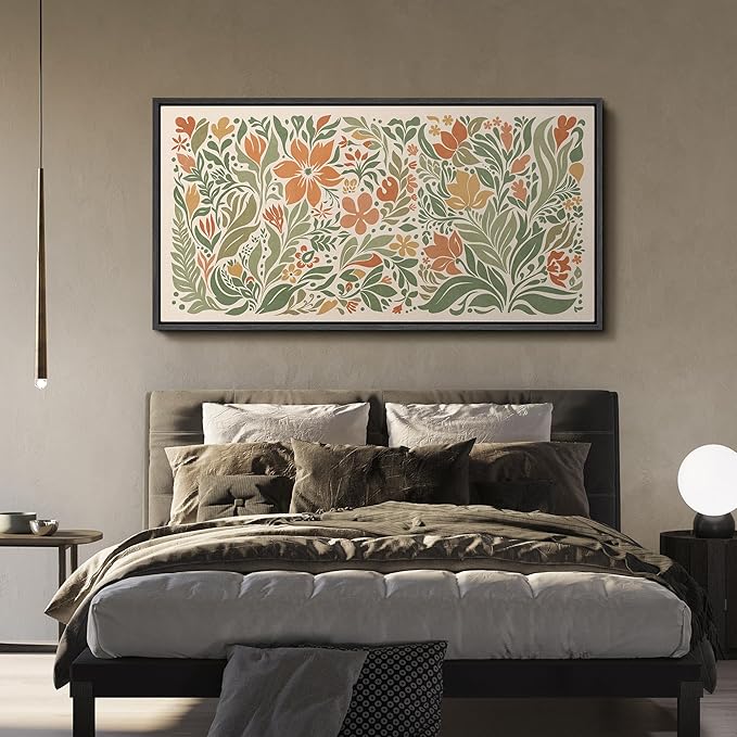 SIGNFORD Extra Large Framed Canvas Folk Floral Garden in Earth Tones Illustrations Modern Art Calm Warm for Living Room, Bedroom, Office - 60"x30"