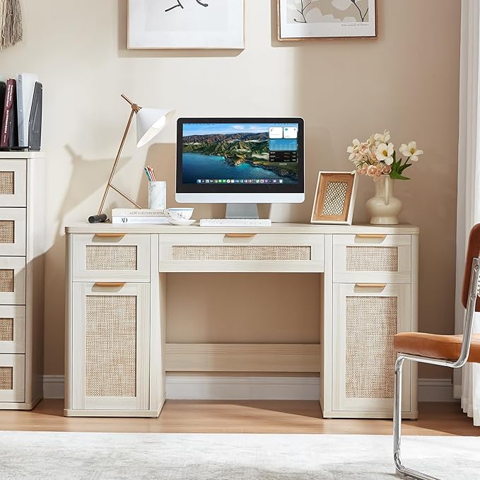 LEYAOYAO Office Desk 56" with 5 Drawers Storage File Cabinet Rattan Wood Desk for Computer Office Bedroom Home Furniture Light Gray