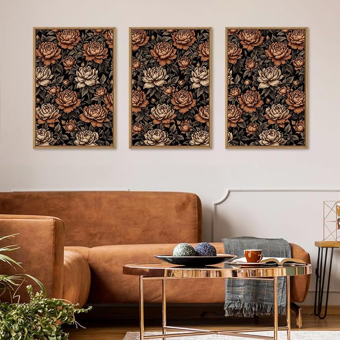 KAIRNE Moody Dark Floral Wall Art Set of 3, Vintage Flower Framed Canvas Prints, Mid Century Modern Botanical Artwork, Modern Colorful Decor for Living Room Bedroom Office, 16×24inch