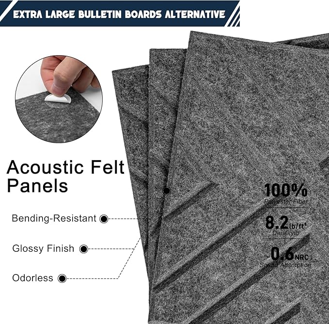 Large Cork Board Alternative - 6 Pack 36" x 24" Felt Wall Tiles with Safe Removable Adhesive Tabs, Grey Cork Boards for Walls Pin Board Bulletin Board Cork Board for Office