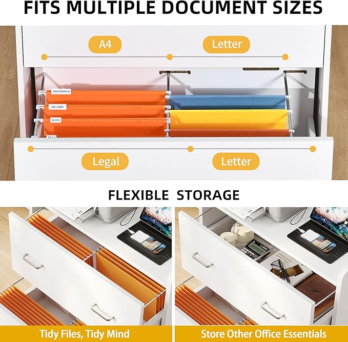 DWVO File Cabinet with Charging Station, 2 Drawer Lateral Filing Cabinet with Storage, Large Printer Stand for Home Office Living Room, Fits A4 Legal Letter Documents, White