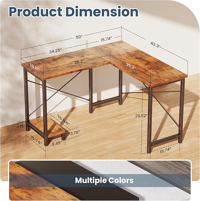 DUMOS L Shaped Desk, Computer Gaming Desks Corner Office Table with CPU Shelf for Home Study Writing Work Station 50 Inch, Rustic Brwon