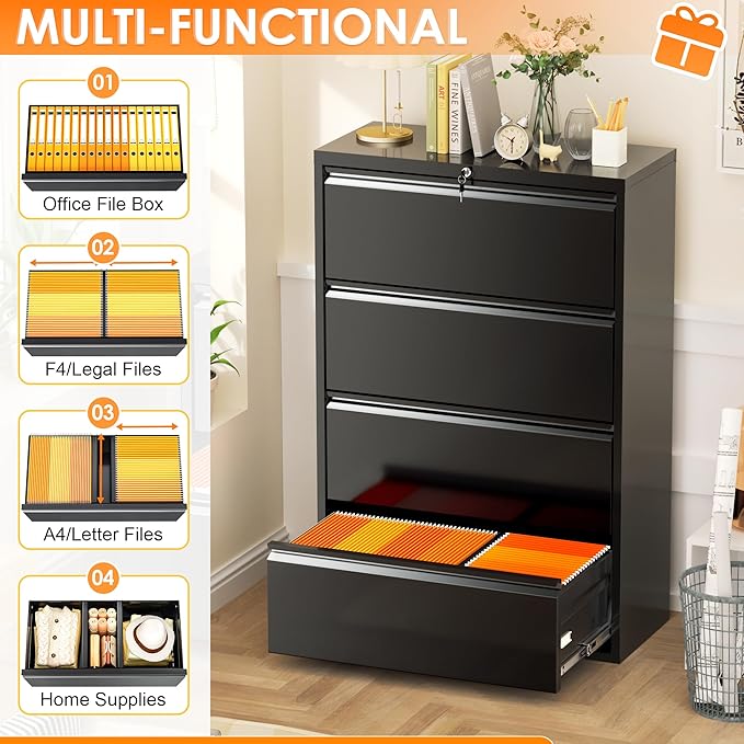 INTERGREAT File Cabinet 4 Drawers, Black Metal Lateral Filing Cabinet for Home Office, Locking Horizontal File Cabinet for Hanging Files Letter/Legal/F4/A4