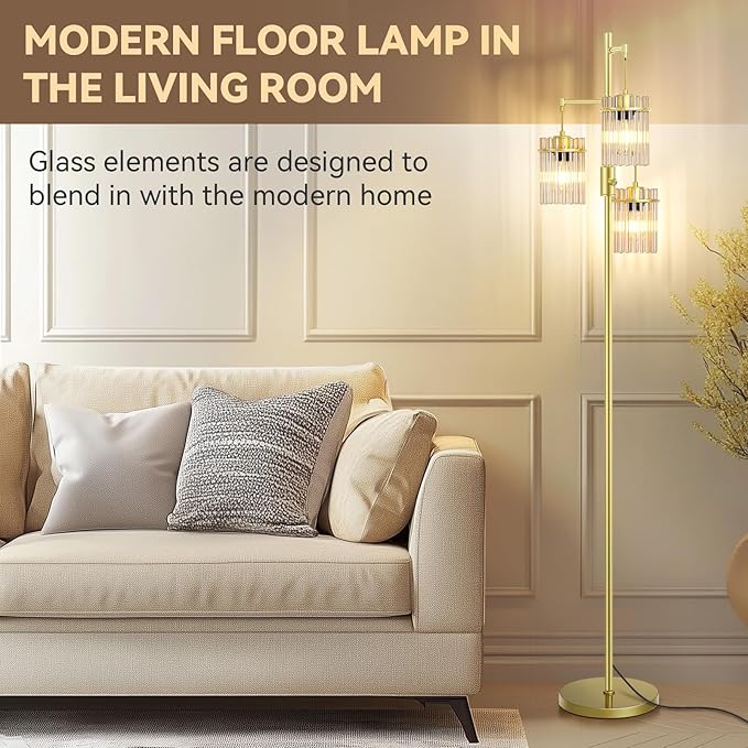 Industrial Modern Floor Lamps for Living Room, Dimmable Glass Tree Standing Tall Lamps with 3 Elegant Teardrop Cage Head & 800 Lumens LED Bulbs for Bedroom Office (65inch Tall)