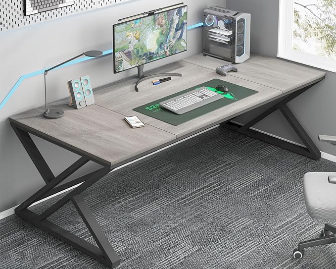 HSH 70.8 Modern Office Desk, Large Long Wood Metal Computer Desk, Industrial Double Executive Desks for Two People, Rustic PC Workstation Work Study Writing Computer Table for Home, Light Grey Oak