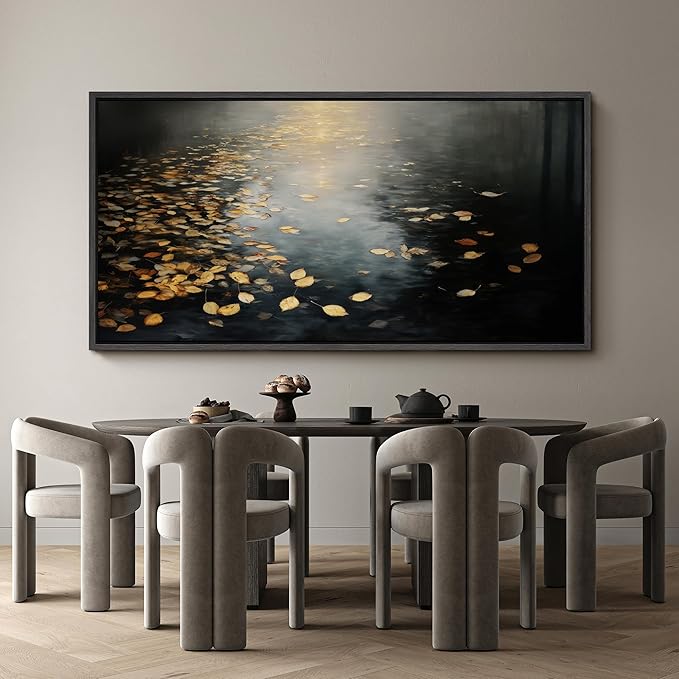 SIGNFORD Extra Large Framed Canvas Print Wall Art Moody Water Reflection with Floating Leaves Illustrations Modern Art Calm Warm for Living Room, Bedroom, Office - 60"x30"