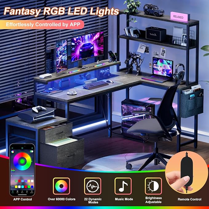 REAHOME 70 Inch L Shaped Desk with File Drawers and Reversible Storage Shelves, Computer Desk with Power Outlet & LED Strip, Home Office Desks, Bookshelf Desk, Writing Study Desk for Bedroom, Grey Oak