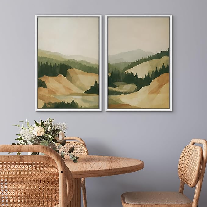 SIGNWIN Framed Canvas Print Wall Art Set Green and Beige Forest Hills Nature Mountain Landscape Illustrations Modern Art Decorative Multicolor for Living Room, Bedroom, Office - 16"x24"x2 White