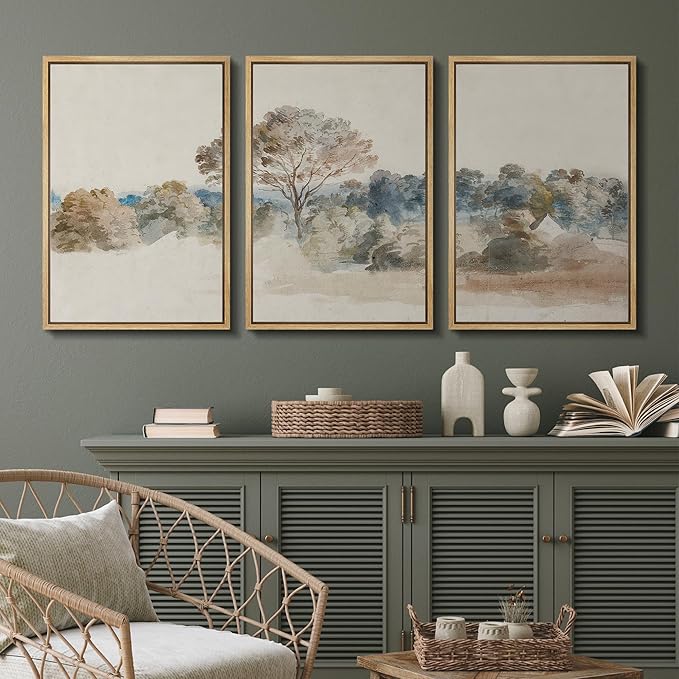 SIGNFORD Framed Wall Art Print Set Pastoral Elegance Soft Watercolor Trees and Fields Illustrations Modern Decorative Multicolor Relax/Calm Chic for Living Room, Bedroom, Office - 16"x24"x3 Natural
