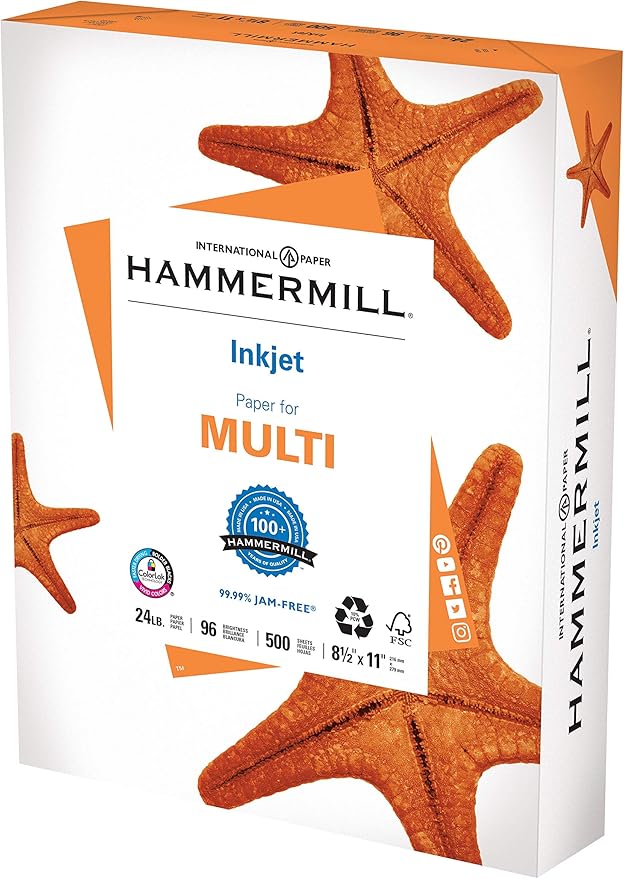 Hammermill Printer Paper, Multipurpose Inkjet Paper 24 lb, 8.5 x 11-96 Bright, Made in the USA, 105050R - 1 Ream (500 Sheets)