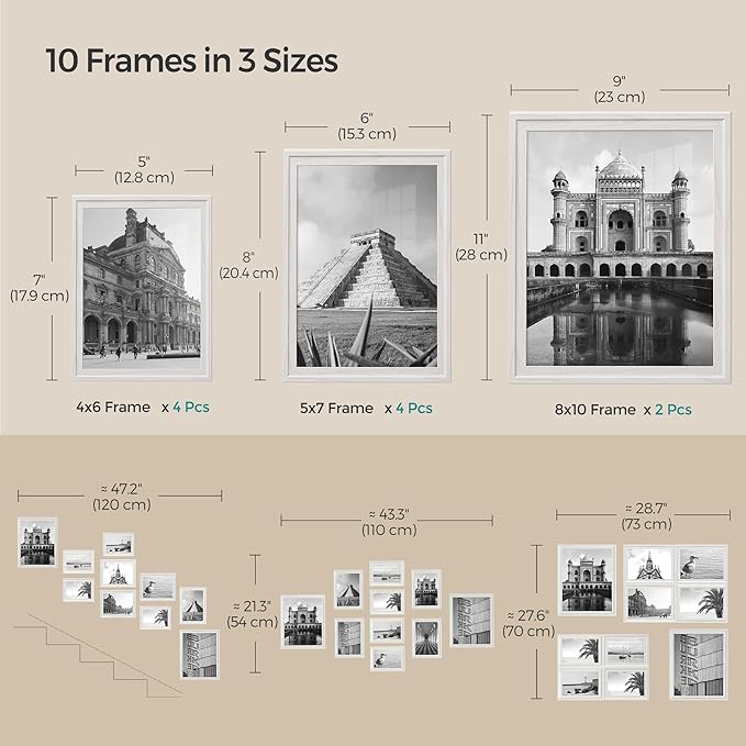 SONGMICS Picture Frames with 16 Mats, Set of 10 Collage Photo Frames, Two 8x10, Four 5x7, Four 4x6 Frames, Hanging or Table Display, Glass, 12 Non-Trace Nails, Cloud White URPF049W01