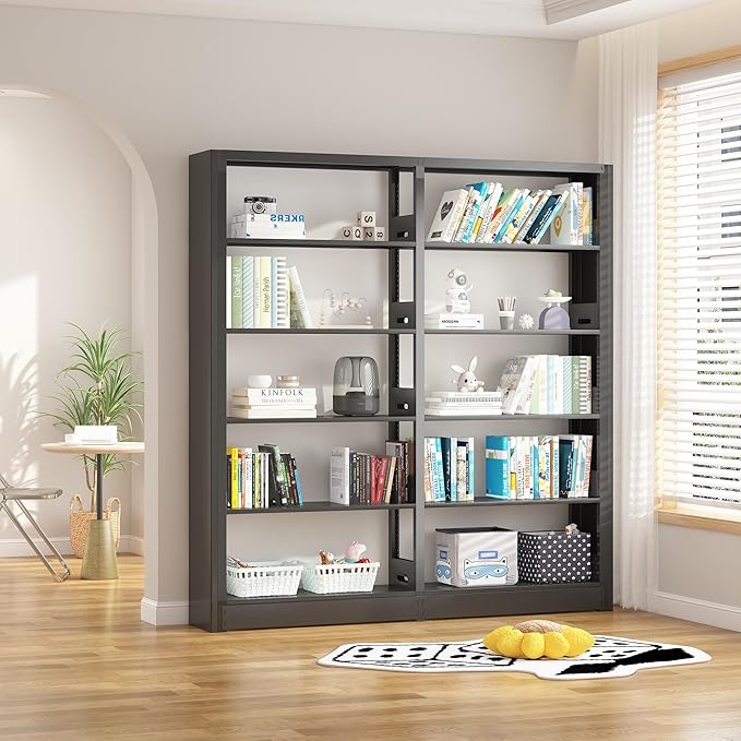 5-Tier Industrial Bookshelf, Black Bookcases and Bookshelves,Tall Metal Bookshelf Storage Organizer,Freestanding Book Shelf for Living Room,Home Office (Black, Shelf-2)