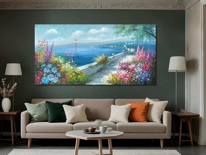 Arjun Blue Landscape Canvas Wall Art for Living Room Ocean Coastal Mediterranean Painting Bedroom, Extra Large Hand Painted Picture Garden Flower Artwork Framed Home Office Wall Decor 58"x29"
