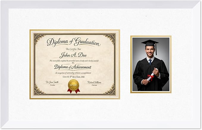 Diploma Frame With Photo Opening Bright White Oyster Shell Over Gold Mat - Fits 11 x 8.5 Degree and Picture Made in the USA