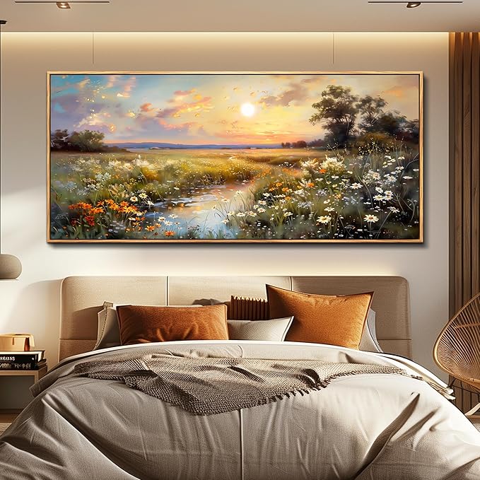 hyidecorart Wood Framed Wall Art For Living Room Farmhouse Bedroom Wall Painting Natural Scenery Wall Decor Artwork For Office Flowers And Trees Abstract Pictures Canvas Prints Hanging Decor 72x32