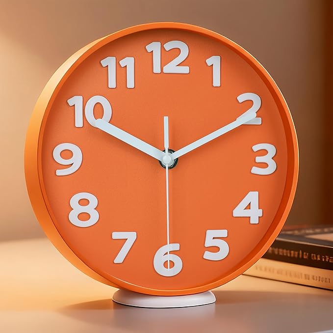 45MinST 8-Inch Orange Modern Wall Clock – Silent Non-Ticking, 3D Large Numbers, Accurate Timekeeping | Decorative Wall & Desk Clock with Stand for Living Room, Bedroom, Kitchen, or Office